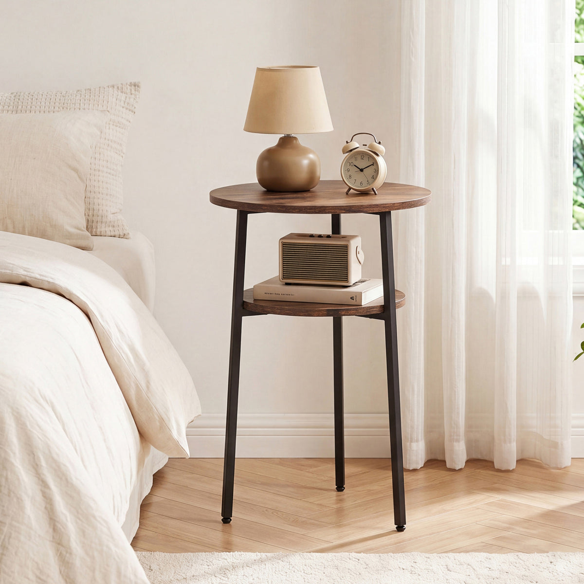 Round Side Table with Storage Shelf, Metal Frame – Rustic Brown
