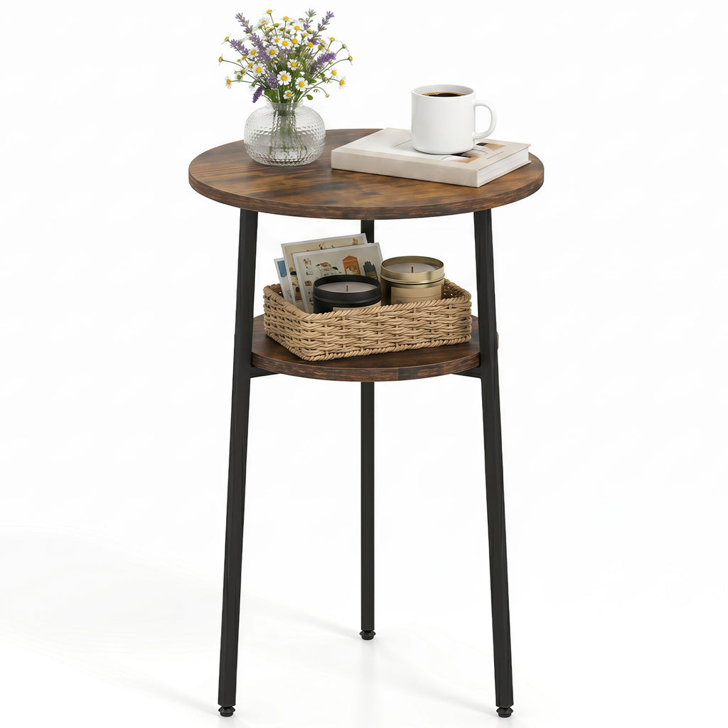 Round Side Table with Storage Shelf, Metal Frame – Rustic Brown