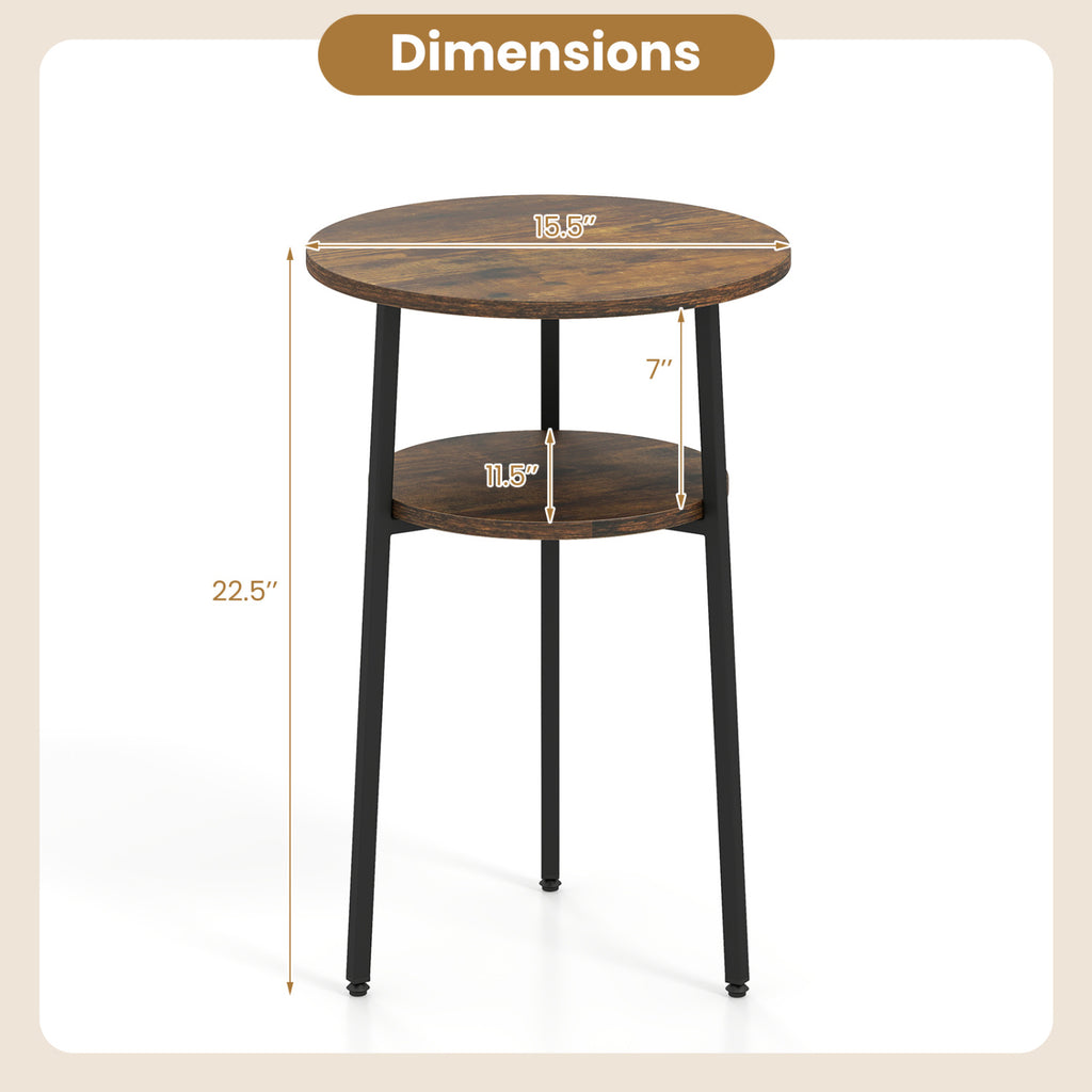 Round Side Table with Storage Shelf, Metal Frame – Rustic Brown