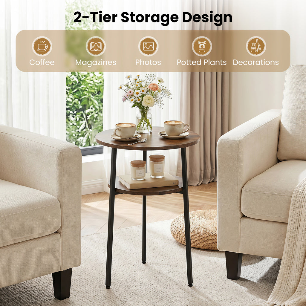 Round Side Table with Storage Shelf, Metal Frame – Rustic Brown