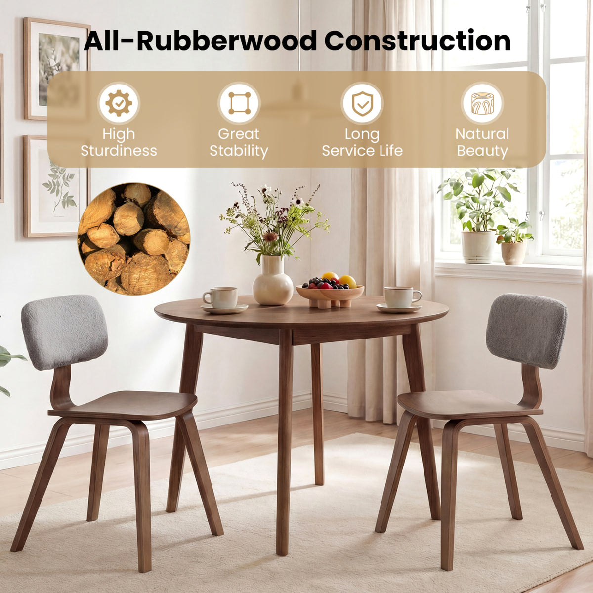 Rubber Wood Dining Chair Set of 2 – Teddy Velvet Padded, Walnut