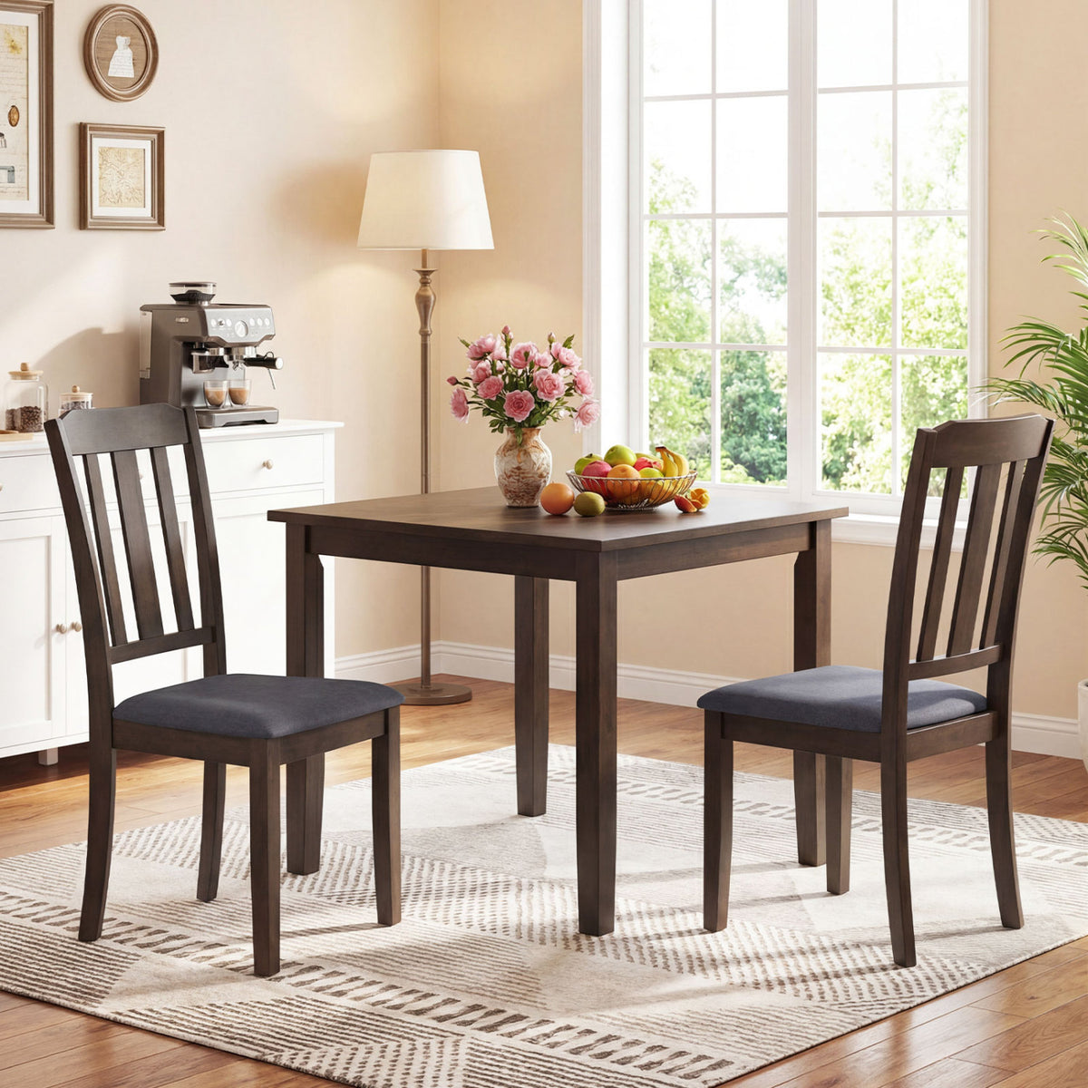 Set of 2 Rubber Wood Dining Chairs with Padded Seat - Brown