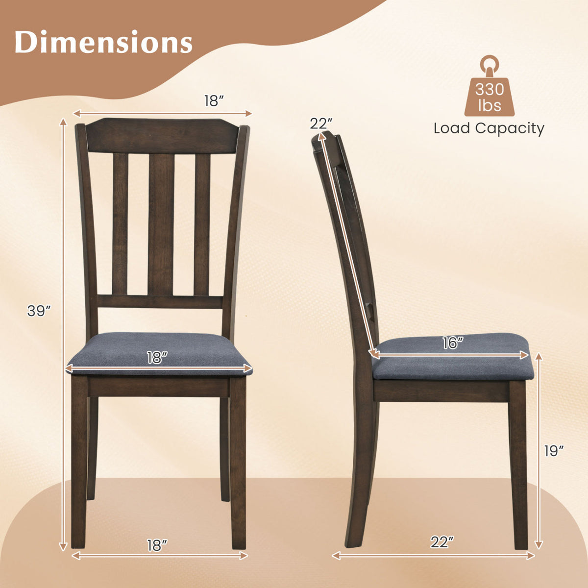 Set of 2 Rubber Wood Dining Chairs with Padded Seat - Brown