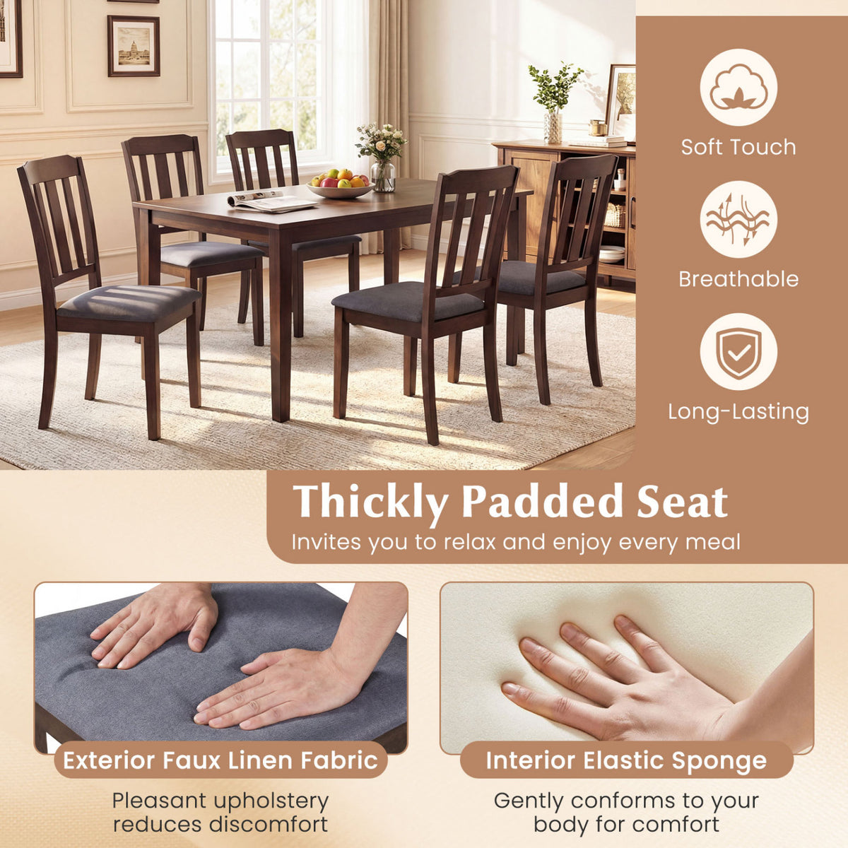 Set of 2 Rubber Wood Dining Chairs with Padded Seat - Brown