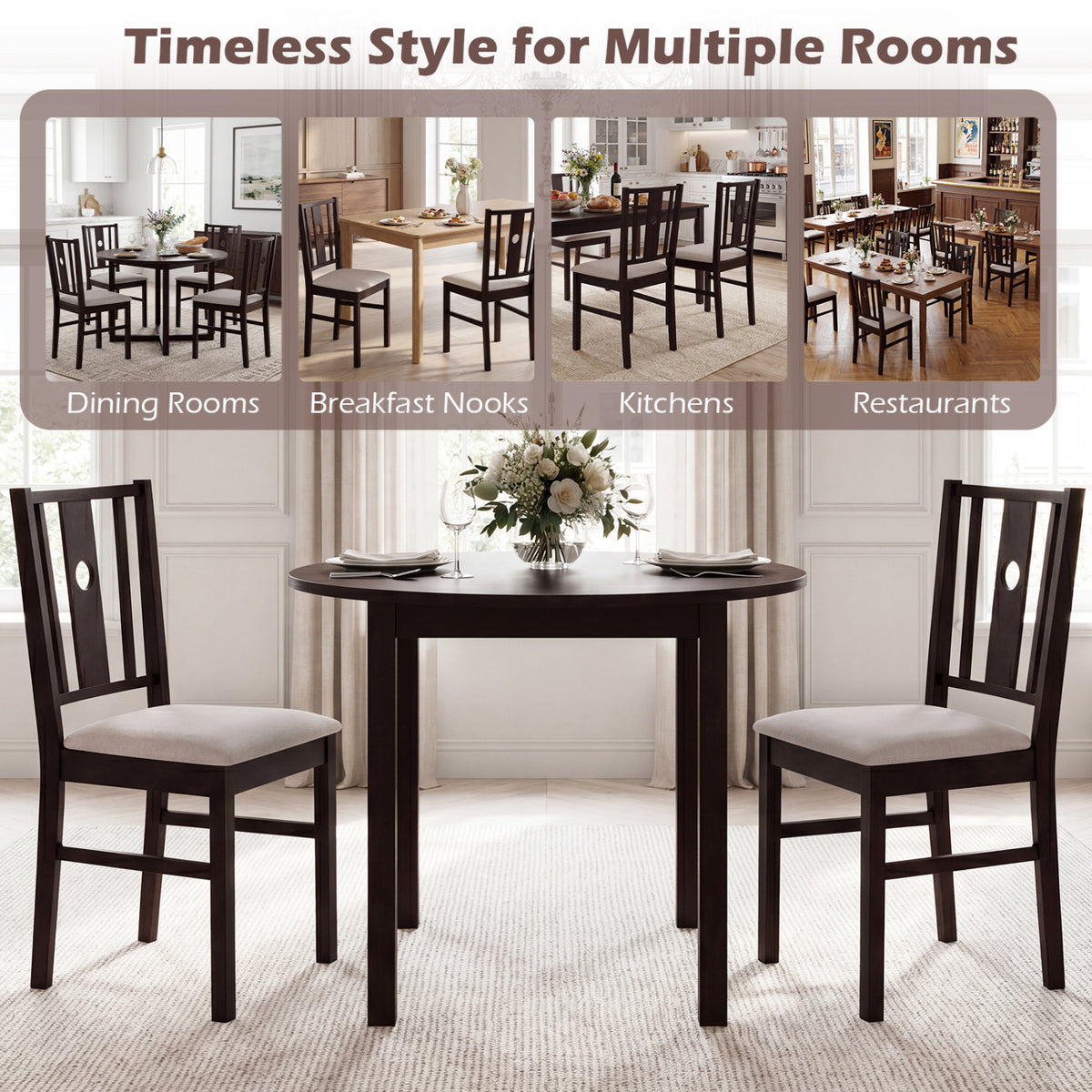 Set of 2 Rubber Wood Dining Chairs with Padded Seat - Coffee