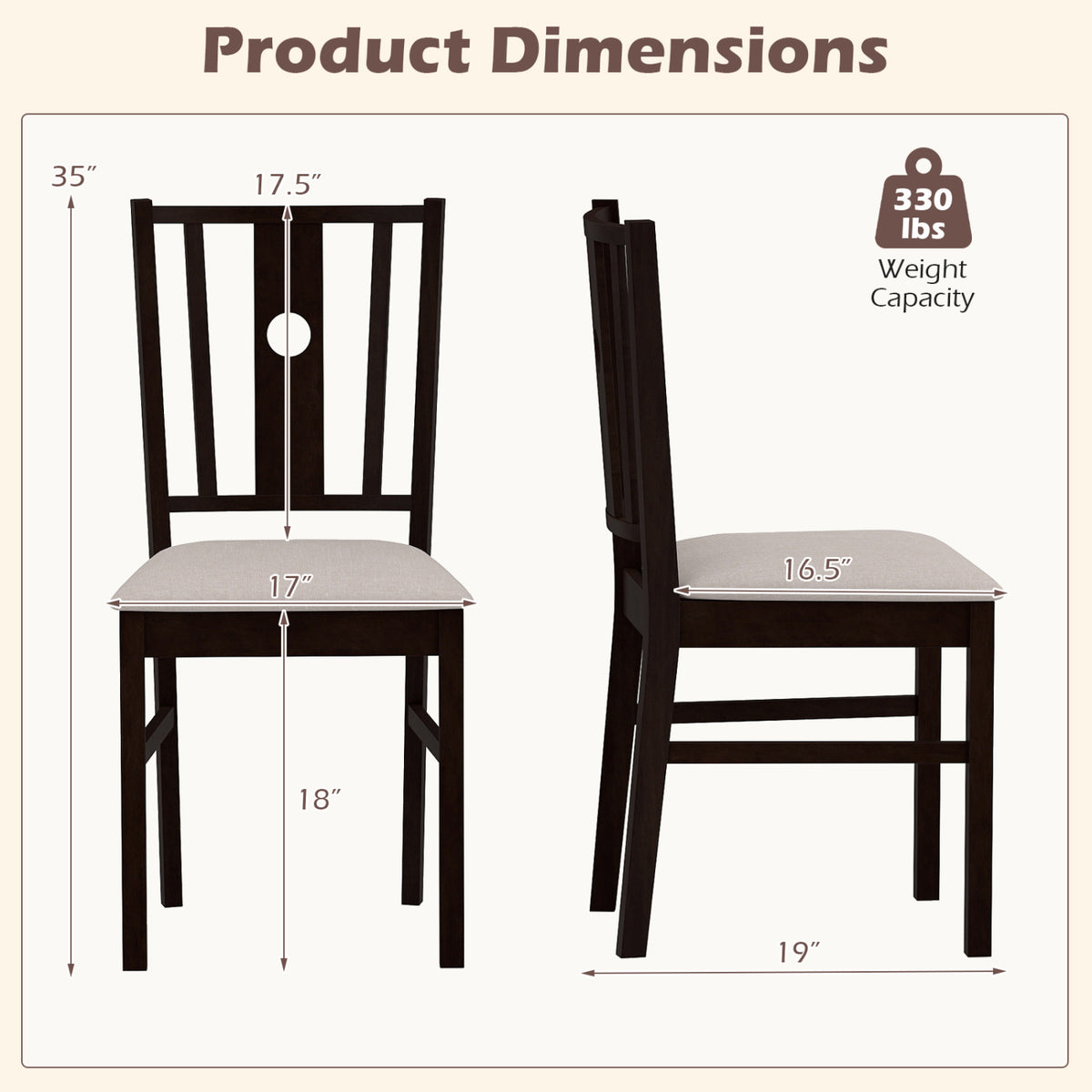 Set of 2 Rubber Wood Dining Chairs with Padded Seat - Coffee