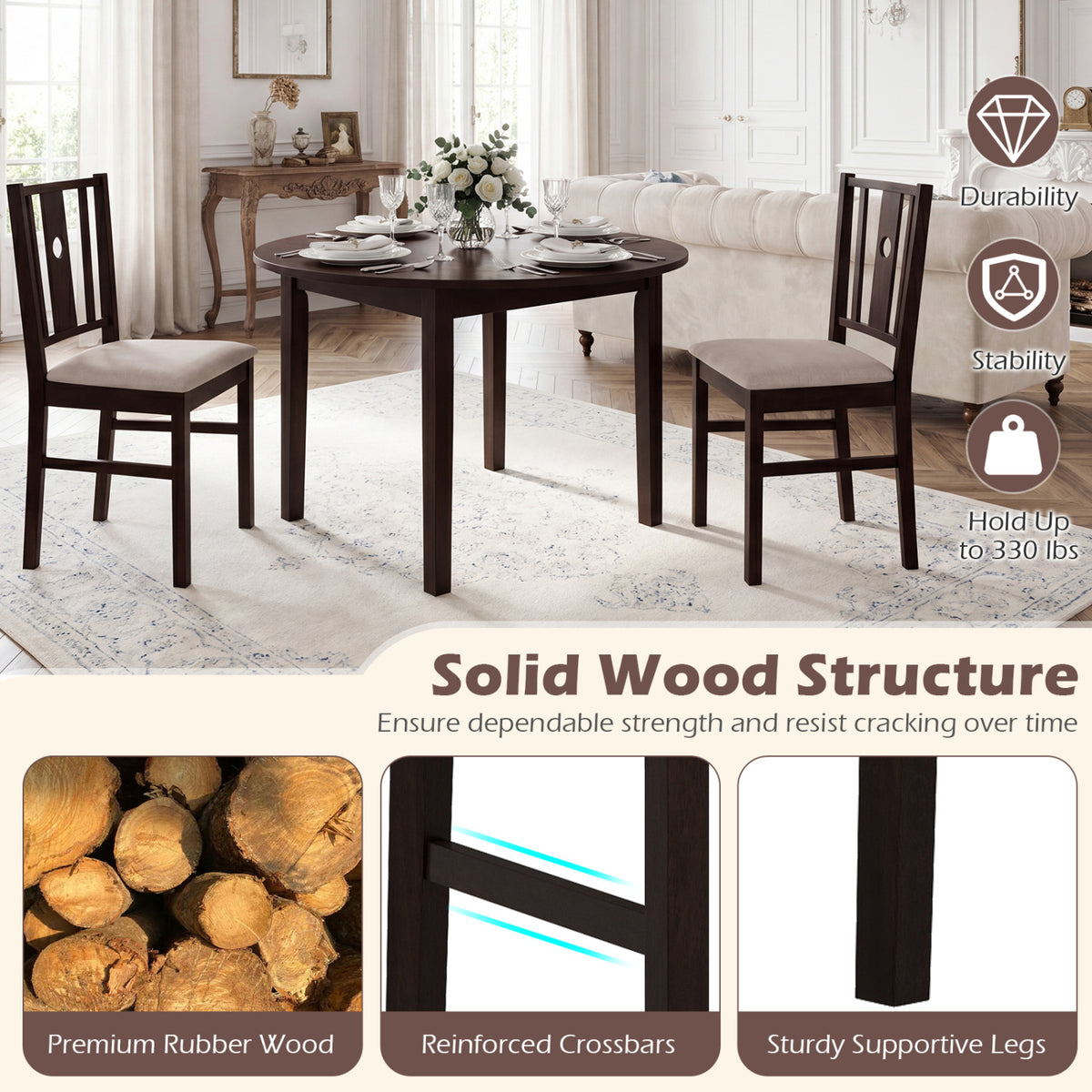 Set of 2 Rubber Wood Dining Chairs with Padded Seat - Coffee