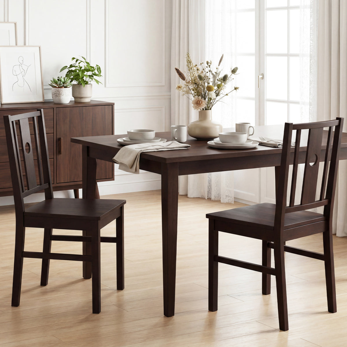 Set of 2 Rubber Wood Kitchen Dining Chairs - Coffee, Slatted Back