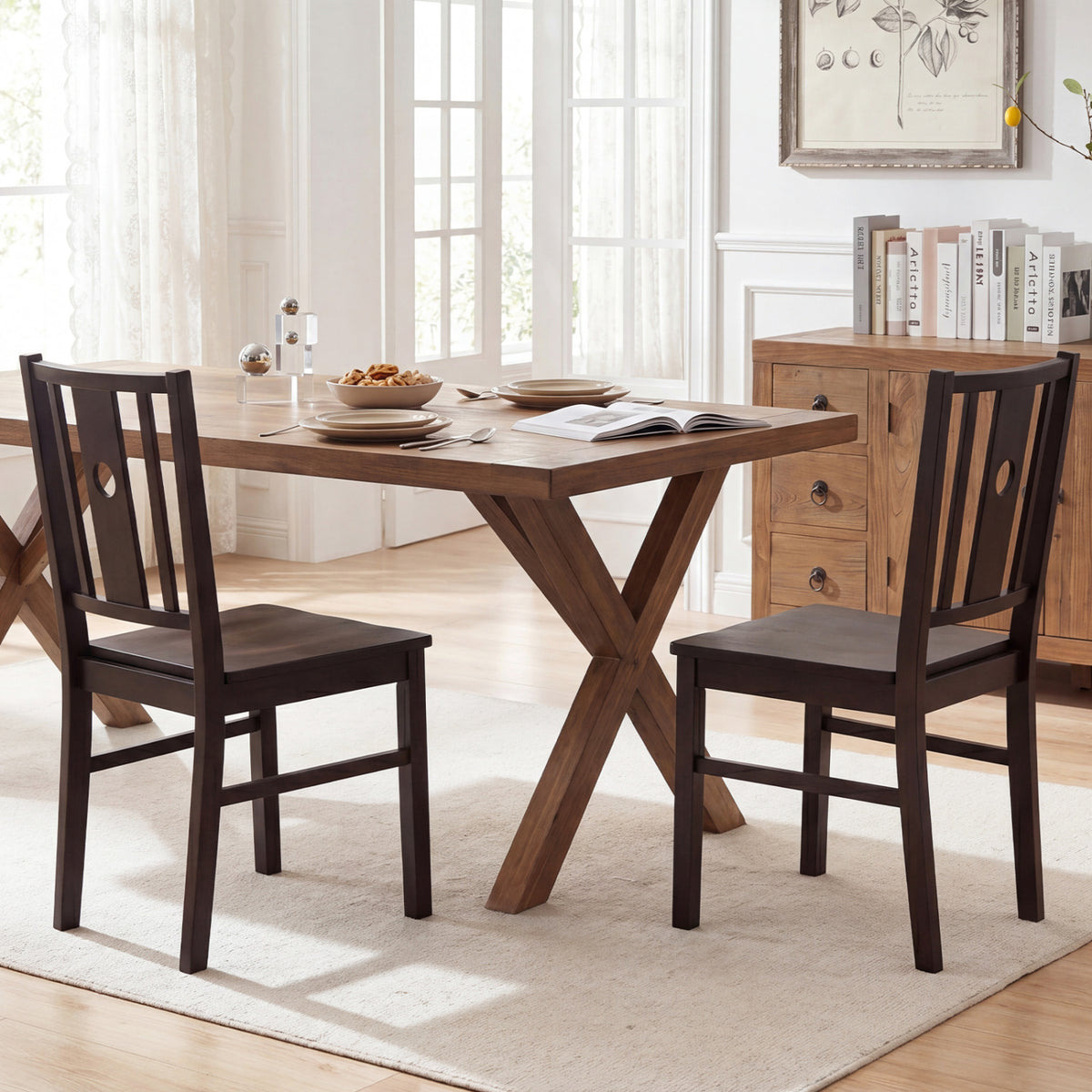 Set of 2 Rubber Wood Kitchen Dining Chairs - Coffee, Slatted Back