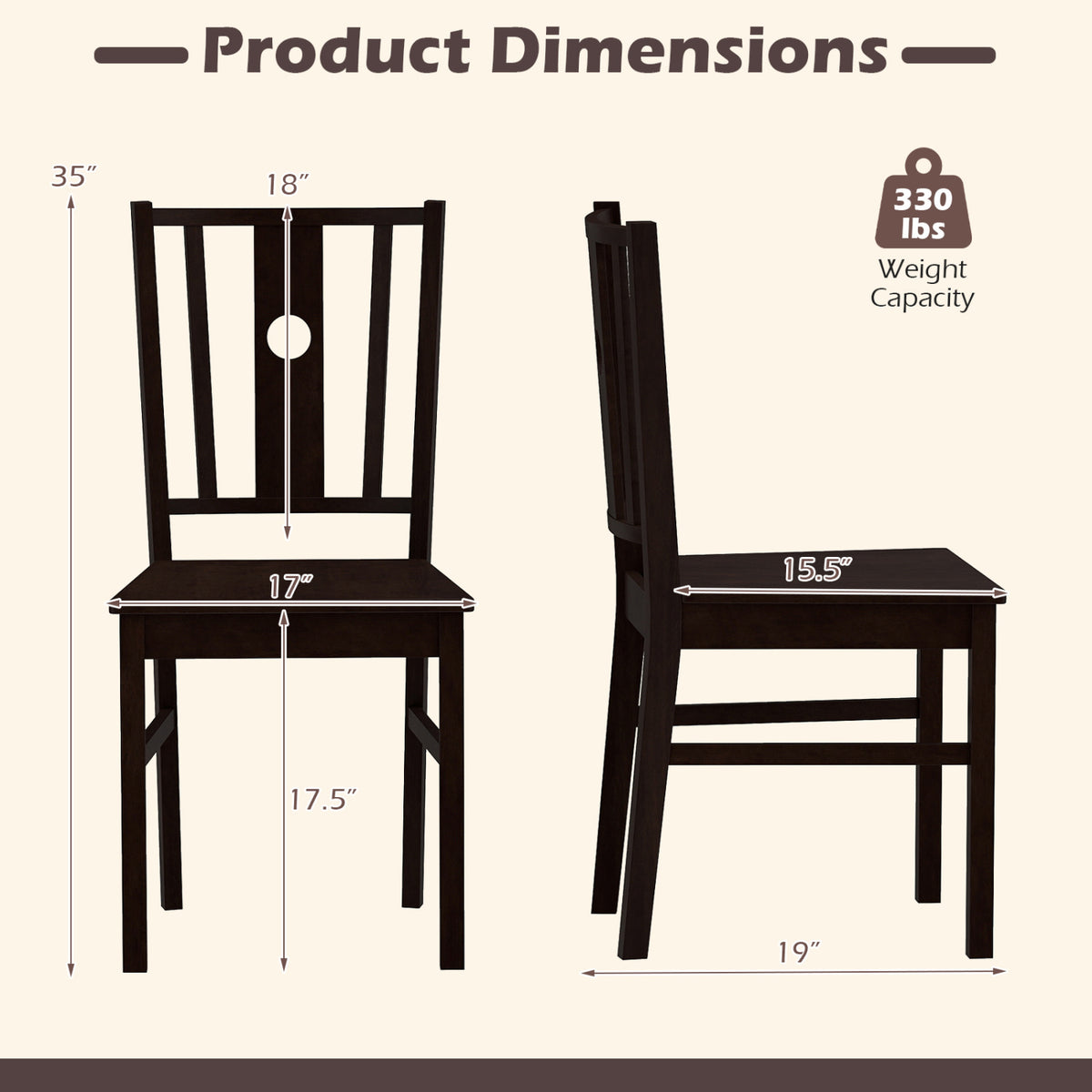 Set of 2 Rubber Wood Kitchen Dining Chairs - Coffee, Slatted Back