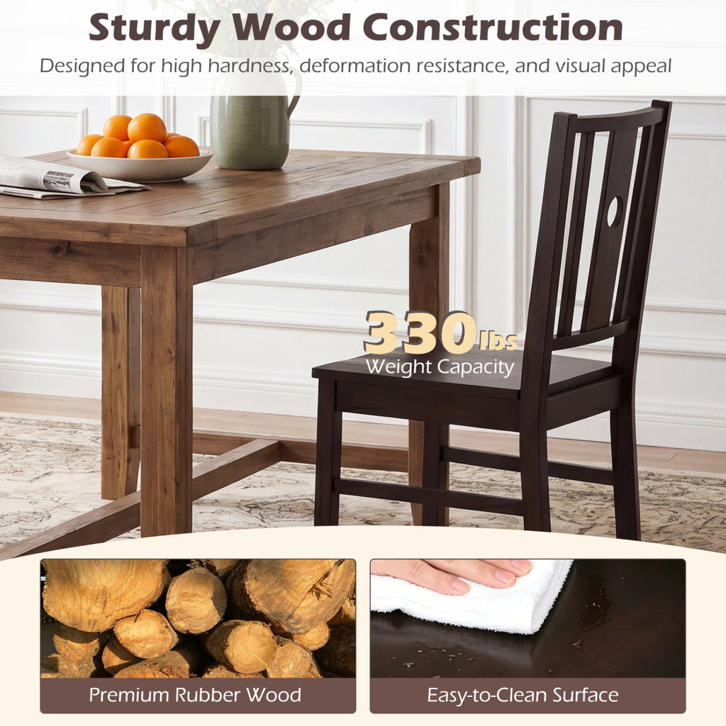 Set of 2 Rubber Wood Kitchen Dining Chairs - Coffee, Slatted Back