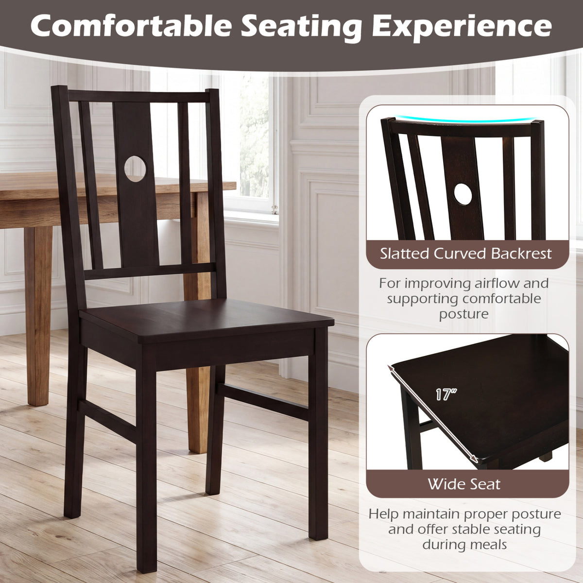 Set of 2 Rubber Wood Kitchen Dining Chairs - Coffee, Slatted Back