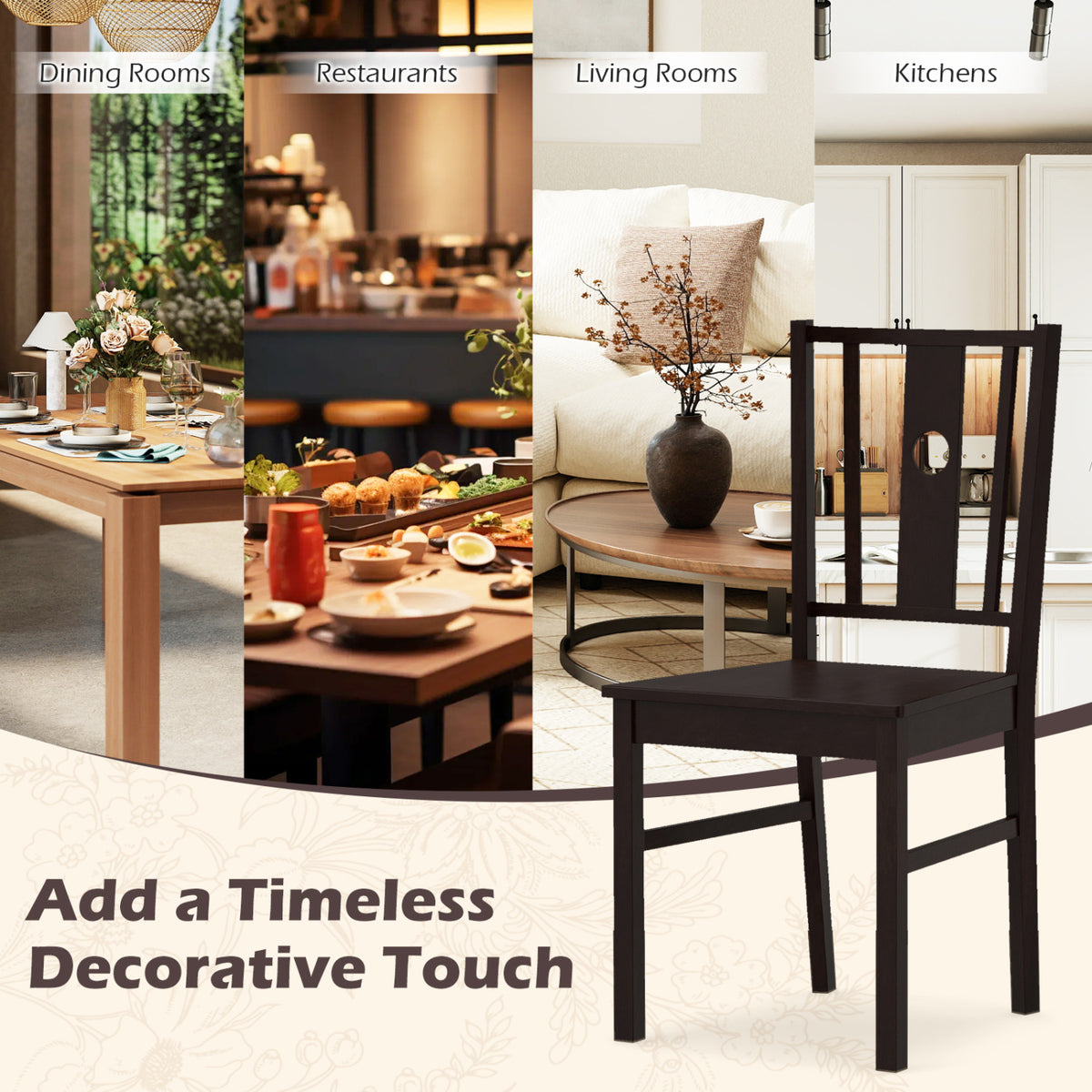 Set of 2 Rubber Wood Kitchen Dining Chairs - Coffee, Slatted Back