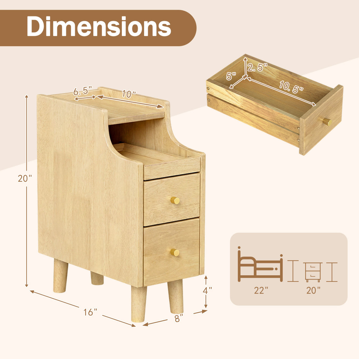 Set of 2 Solid Wood Nightstands with Pull-Out Tray - Natural