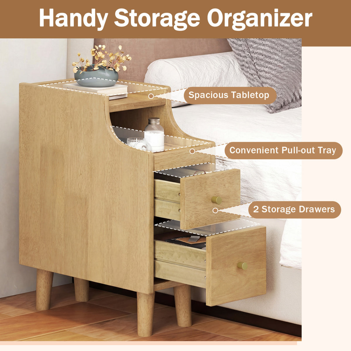 Wooden Nightstand Set of 2 with Pull-Out Tray & Drawers - Natural