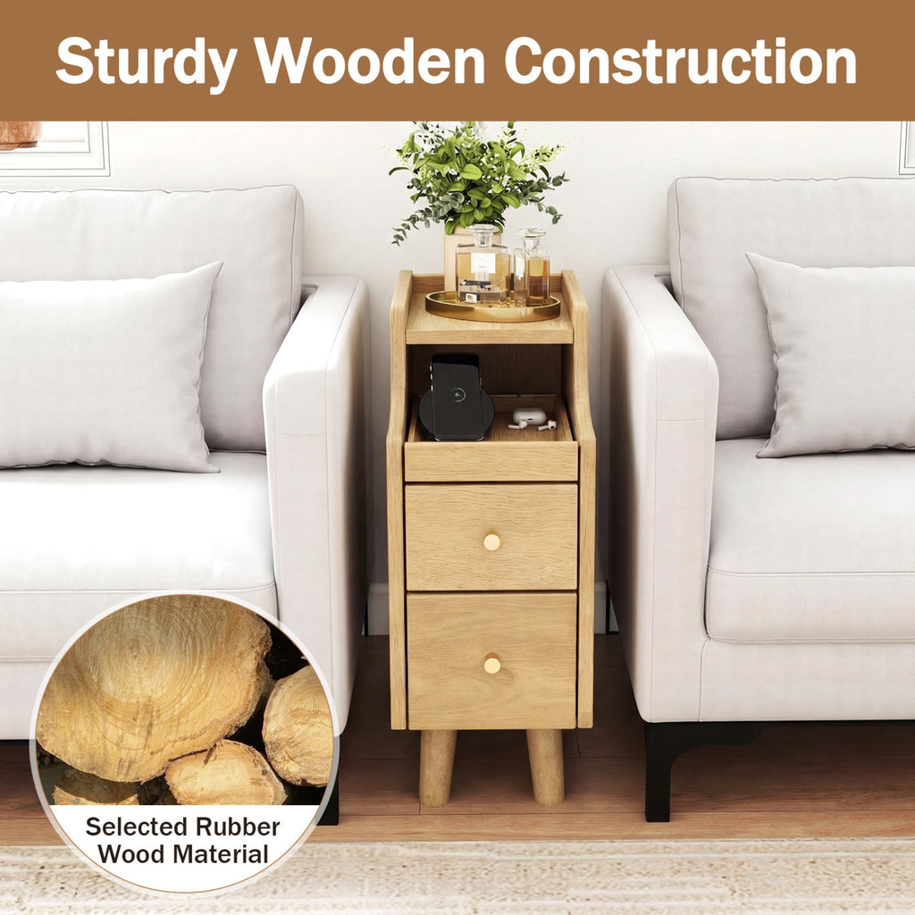 Set of 2 Solid Wood Nightstands with Pull-Out Tray - Natural