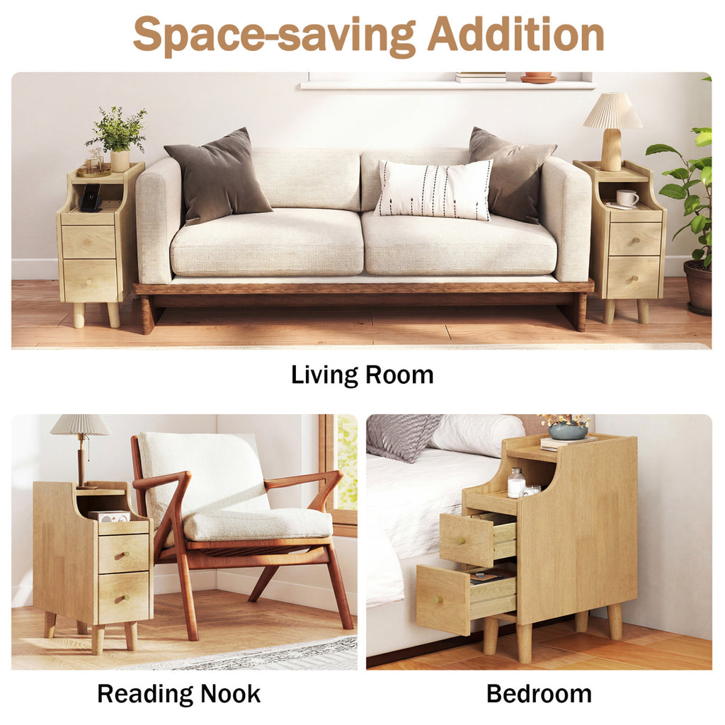 Set of 2 Solid Wood Nightstands with Pull-Out Tray - Natural