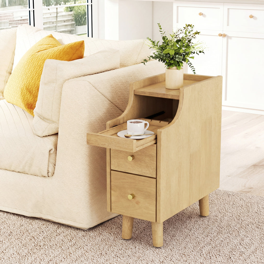 Set of 2 Solid Wood Nightstands with Pull-Out Tray - Natural