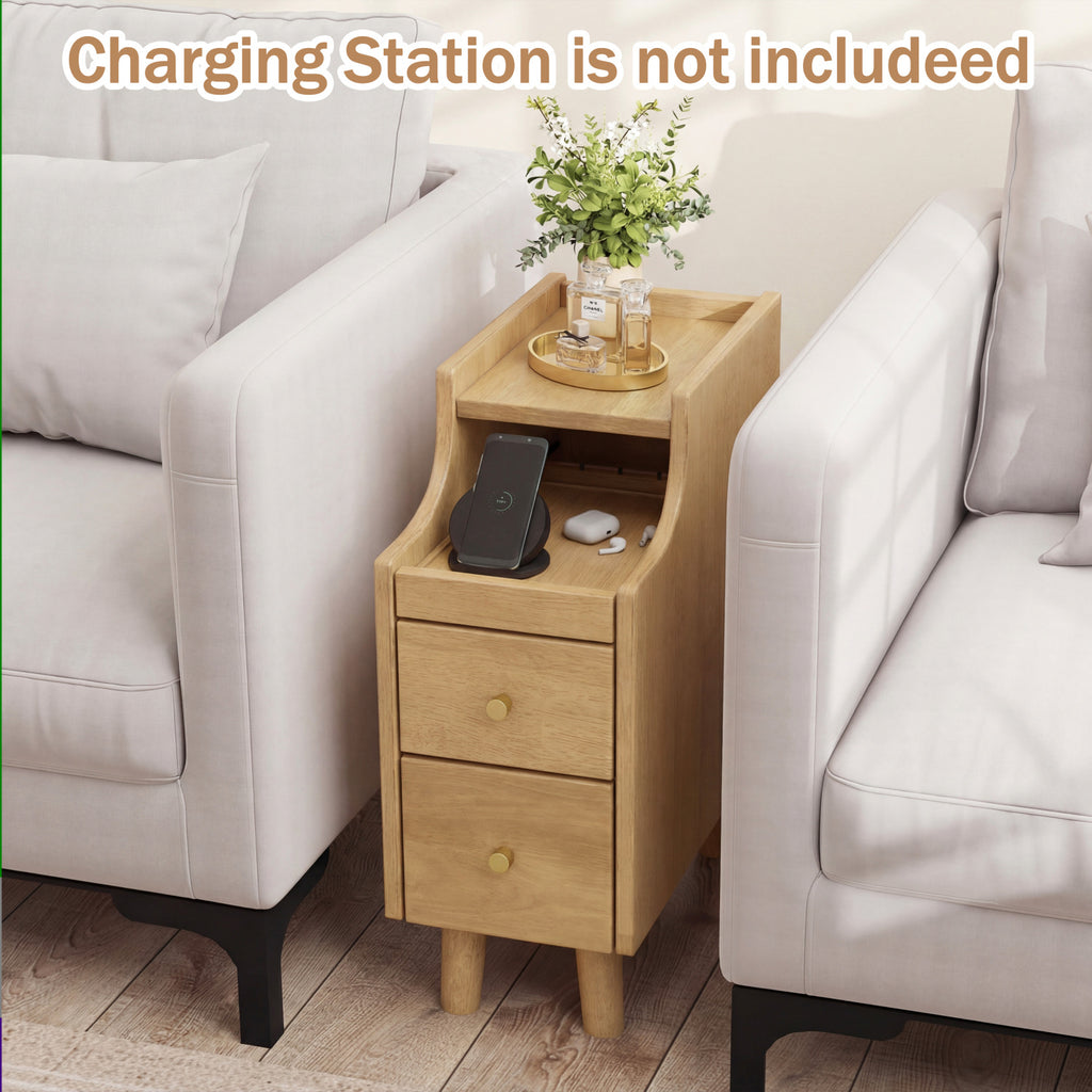 Set of 2 Solid Wood Nightstands with Pull-Out Tray - Natural
