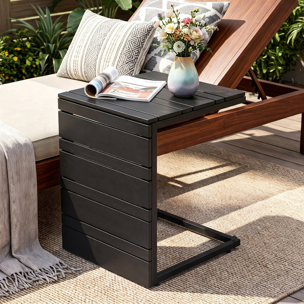 C-Shaped Side Table with Wood-Plastic Top - Black