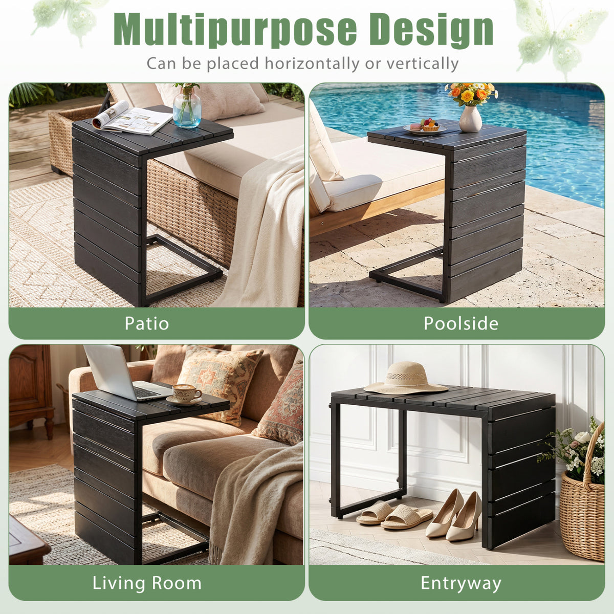 C-Shaped Side Table with Wood-Plastic Top - Black