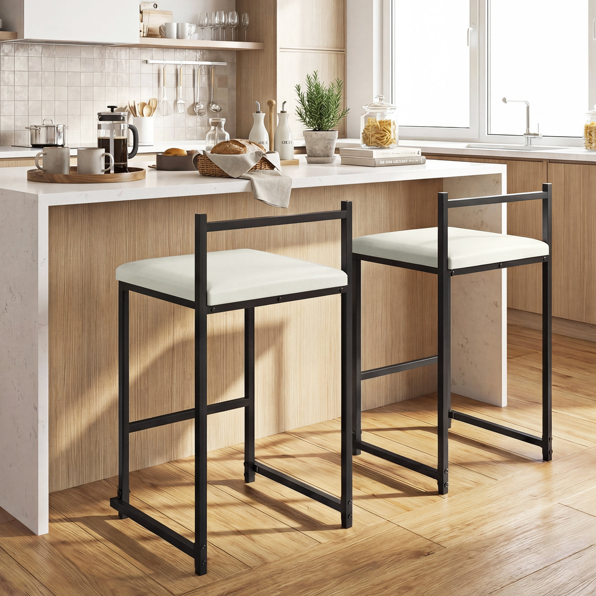 Set of 2 Counter Height Bar Stools - PU Leather, Black