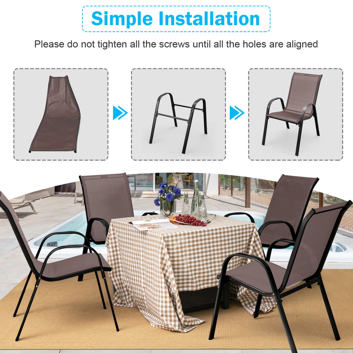 Stackable Patio Dining Chairs Set of 2 - Brown Fabric