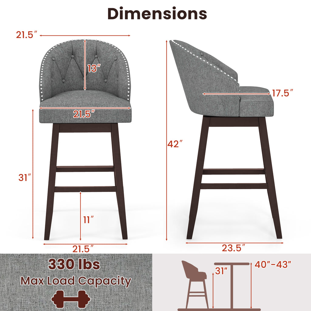 31 Inch Bar Stools Set of 2, Swivel Seats, Gray