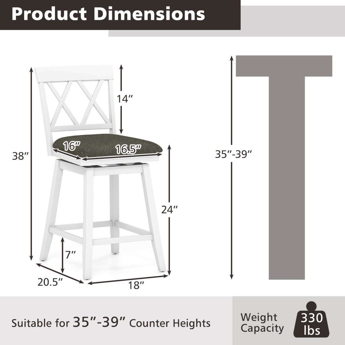 White Counter Height Bar Stools Set of 2, 24 inches