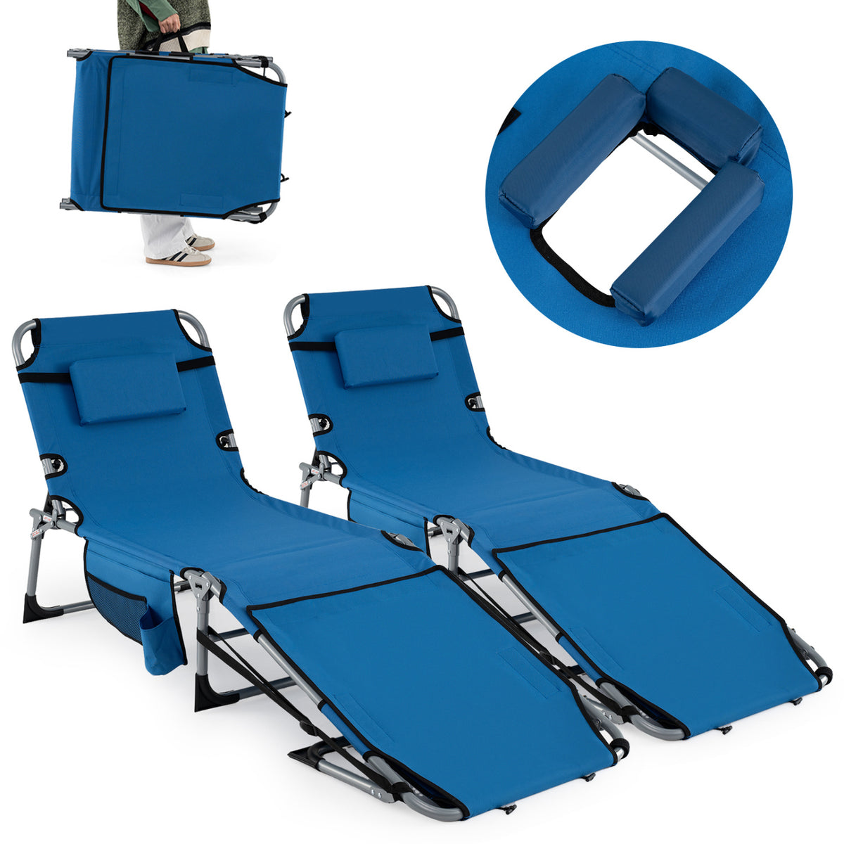 Set of 2 Tanning Chairs with Face Arm Holes Portable 4-Level Backrest