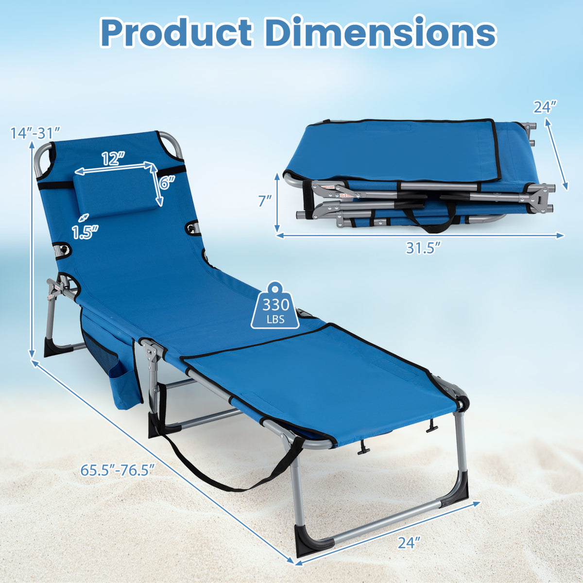 Set of 2 Tanning Chairs with Face Arm Holes Portable 4-Level Backrest