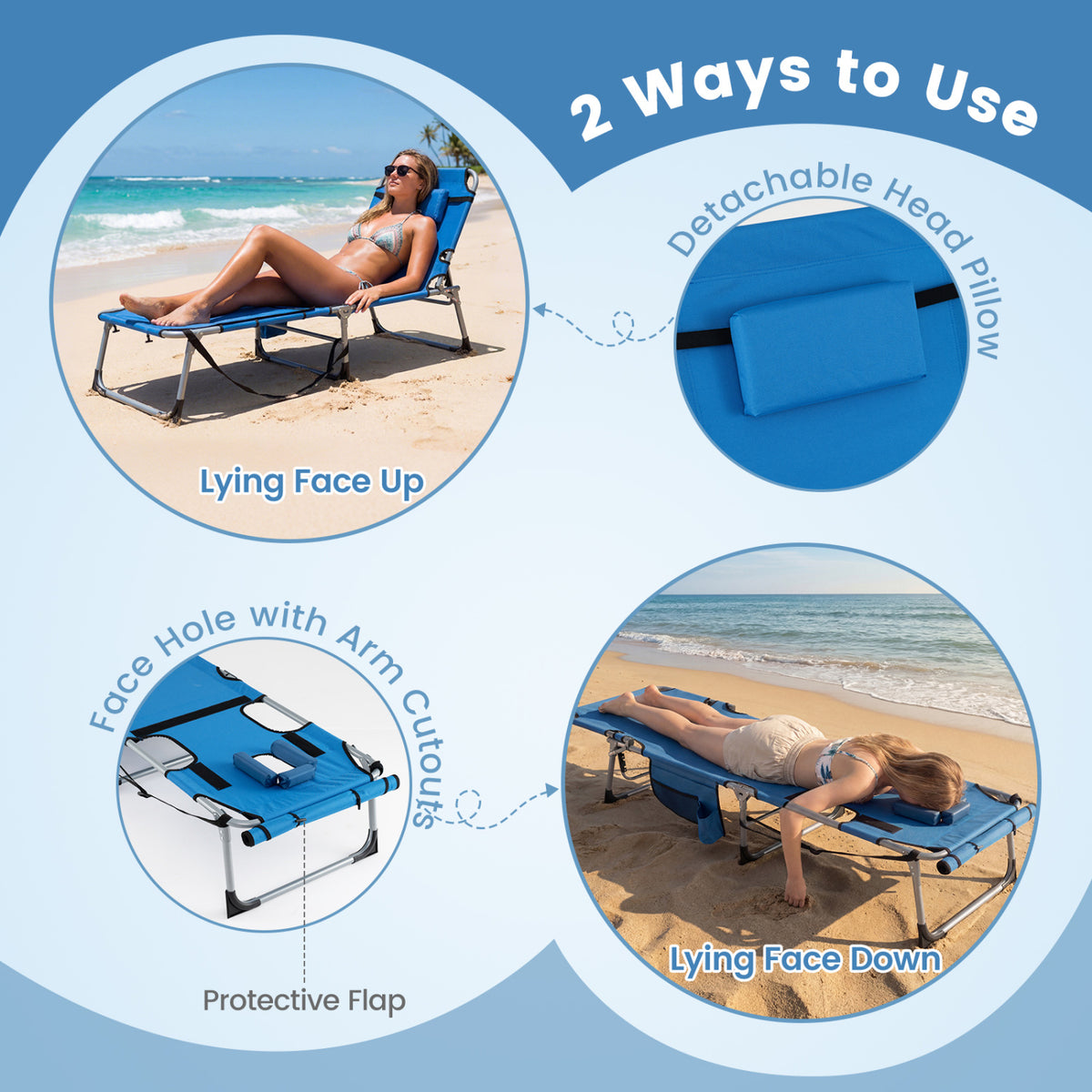 Set of 2 Tanning Chairs with Face Arm Holes Portable 4-Level Backrest