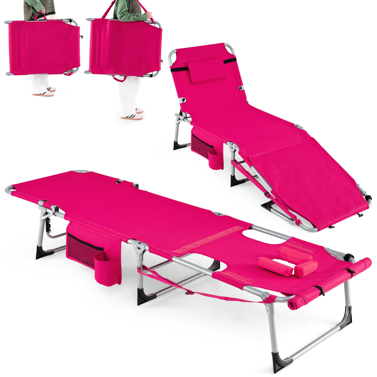Portable Tanning Chair Set of 2 with Face Hole, 4-Level Backrest – Pink