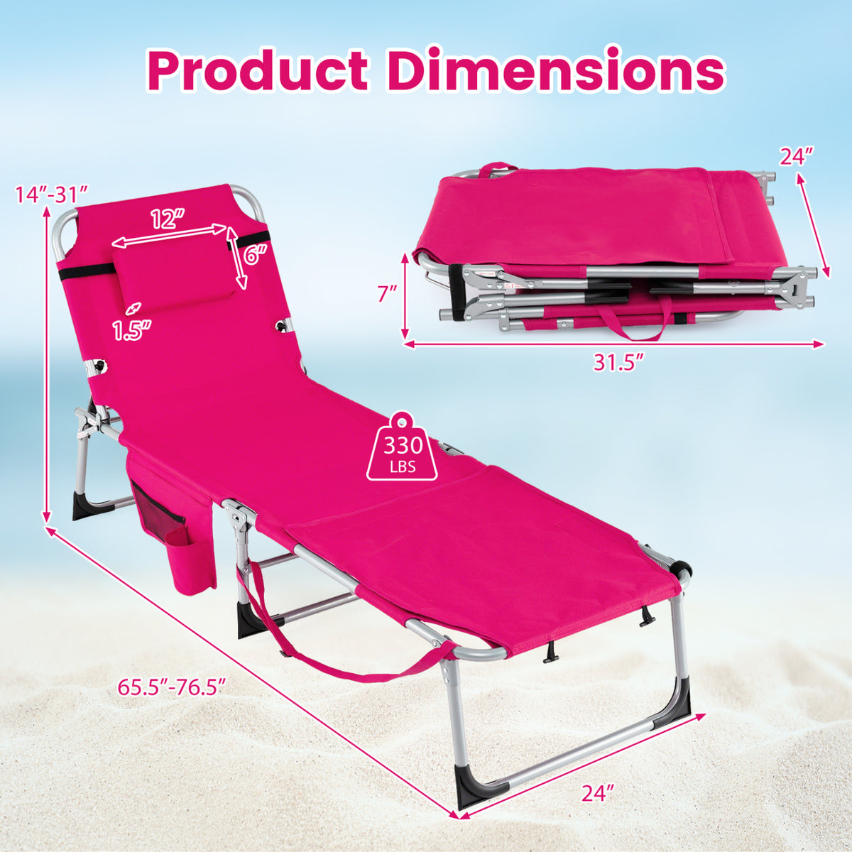 Portable Tanning Chair Set of 2 with Face Hole, 4-Level Backrest – Pink
