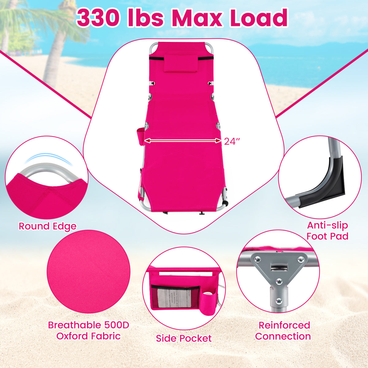 Portable Tanning Chair Set of 2 with Face Hole, 4-Level Backrest – Pink
