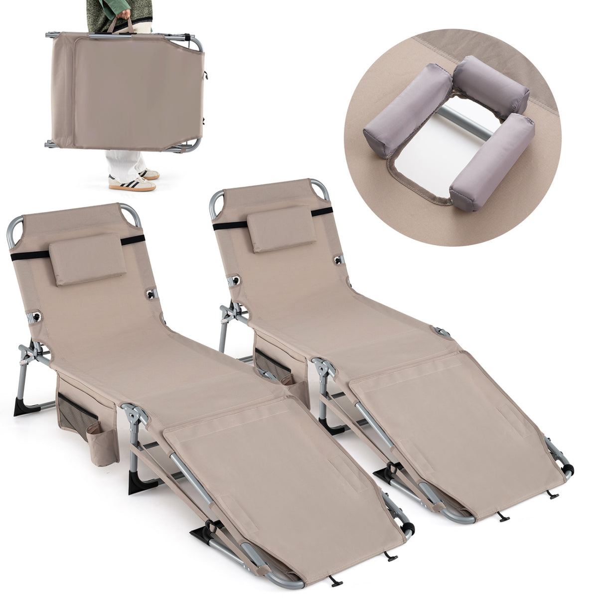 Set of 2 Tanning Chairs with Face Arm Holes Portable 4-Level Backrest