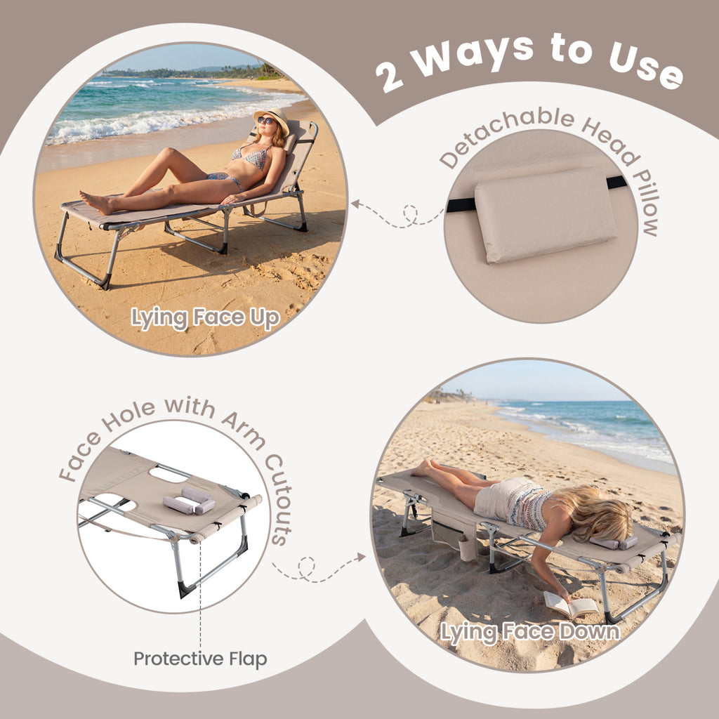 Set of 2 Tanning Chairs with Face Arm Holes Portable 4-Level Backrest