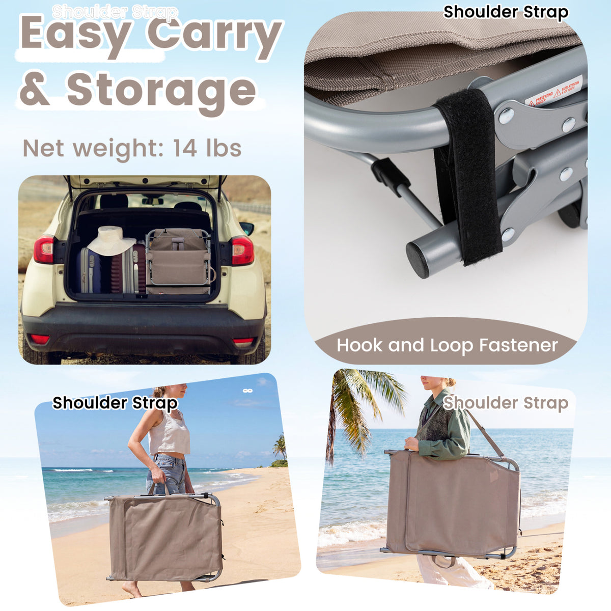 Set of 2 Tanning Chairs with Face Arm Holes Portable 4-Level Backrest