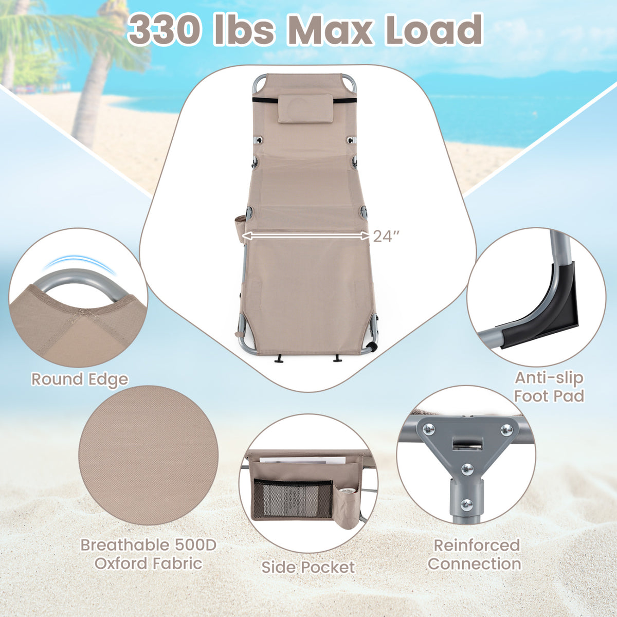 Set of 2 Tanning Chairs with Face Arm Holes Portable 4-Level Backrest