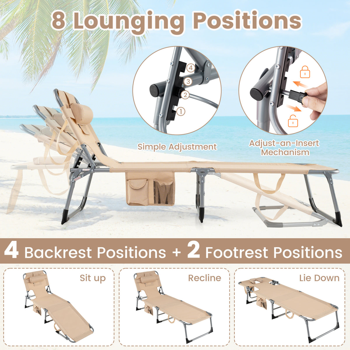 Set of 2 Portable Folding Chaise Lounge Chair with 4-Position