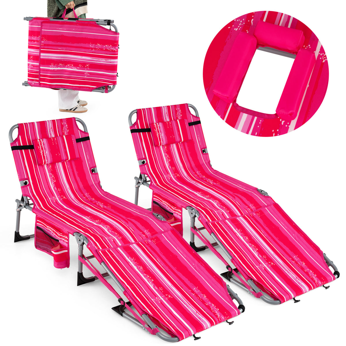 Tanning Chair Set of 2 with Face Hole, 4-Level Backrest - Pink Stripe