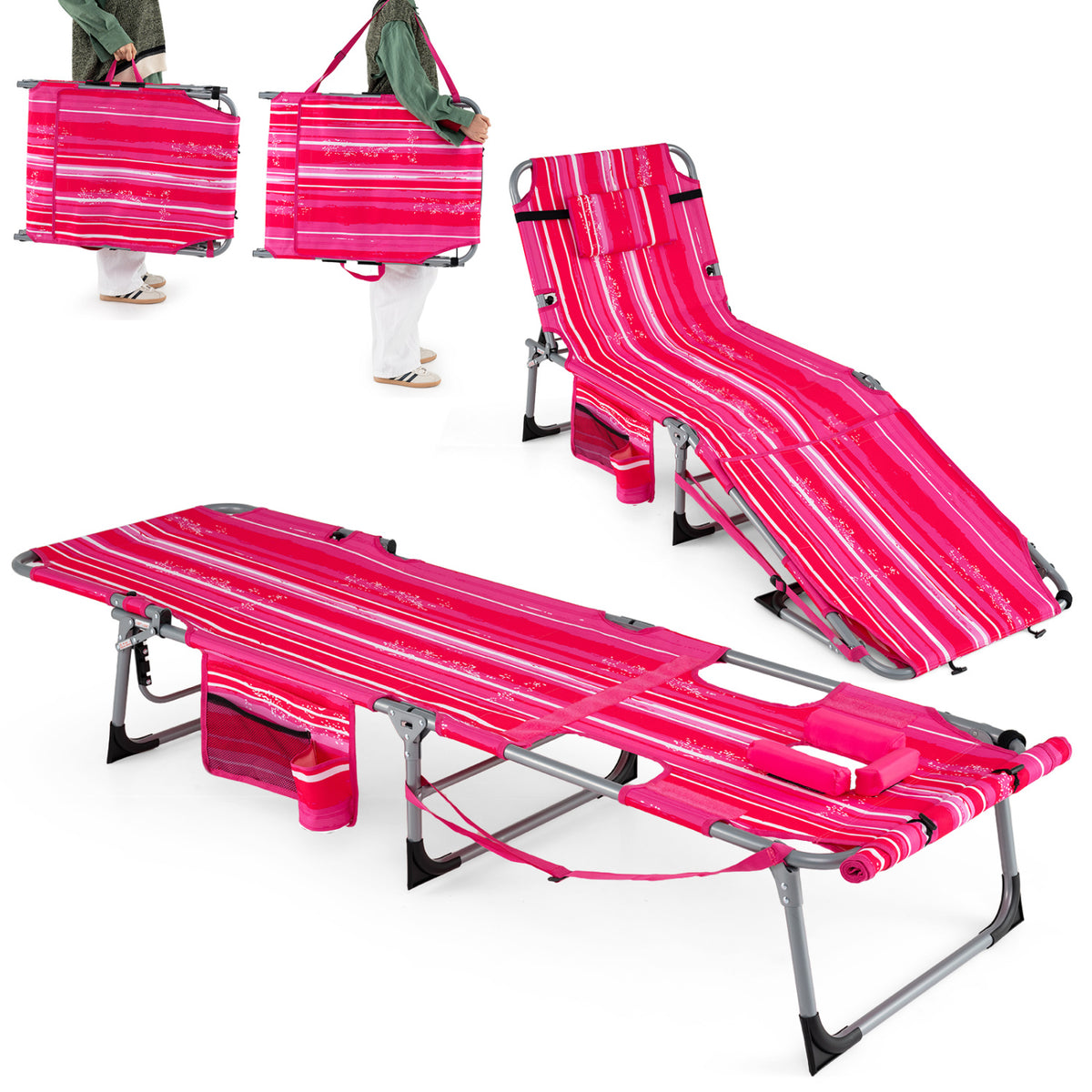 Tanning Chair Set of 2 with Face Hole, 4-Level Backrest - Pink Stripe