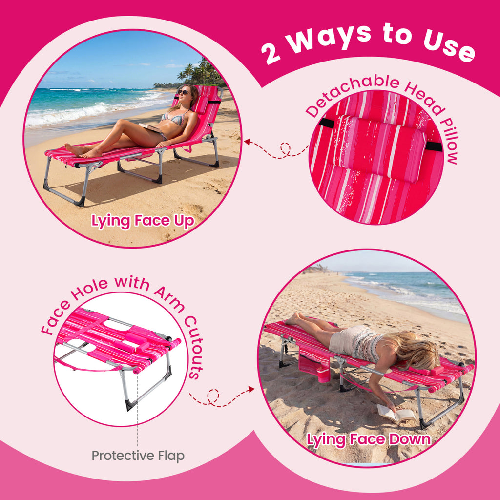 Tanning Chair Set of 2 with Face Hole, 4-Level Backrest - Pink Stripe