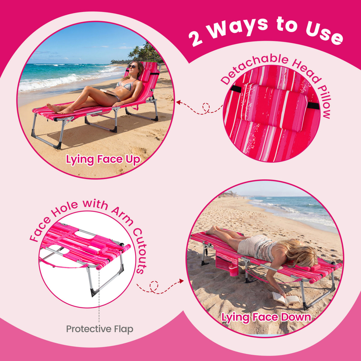 Tanning Chair Set of 2 with Face Hole, 4-Level Backrest - Pink Stripe