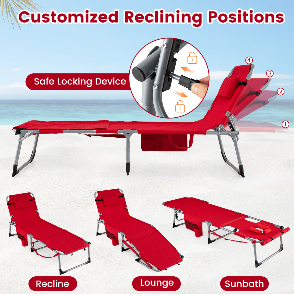 Tanning Chair Set of 2 with Face Hole & Arm Openings, Red