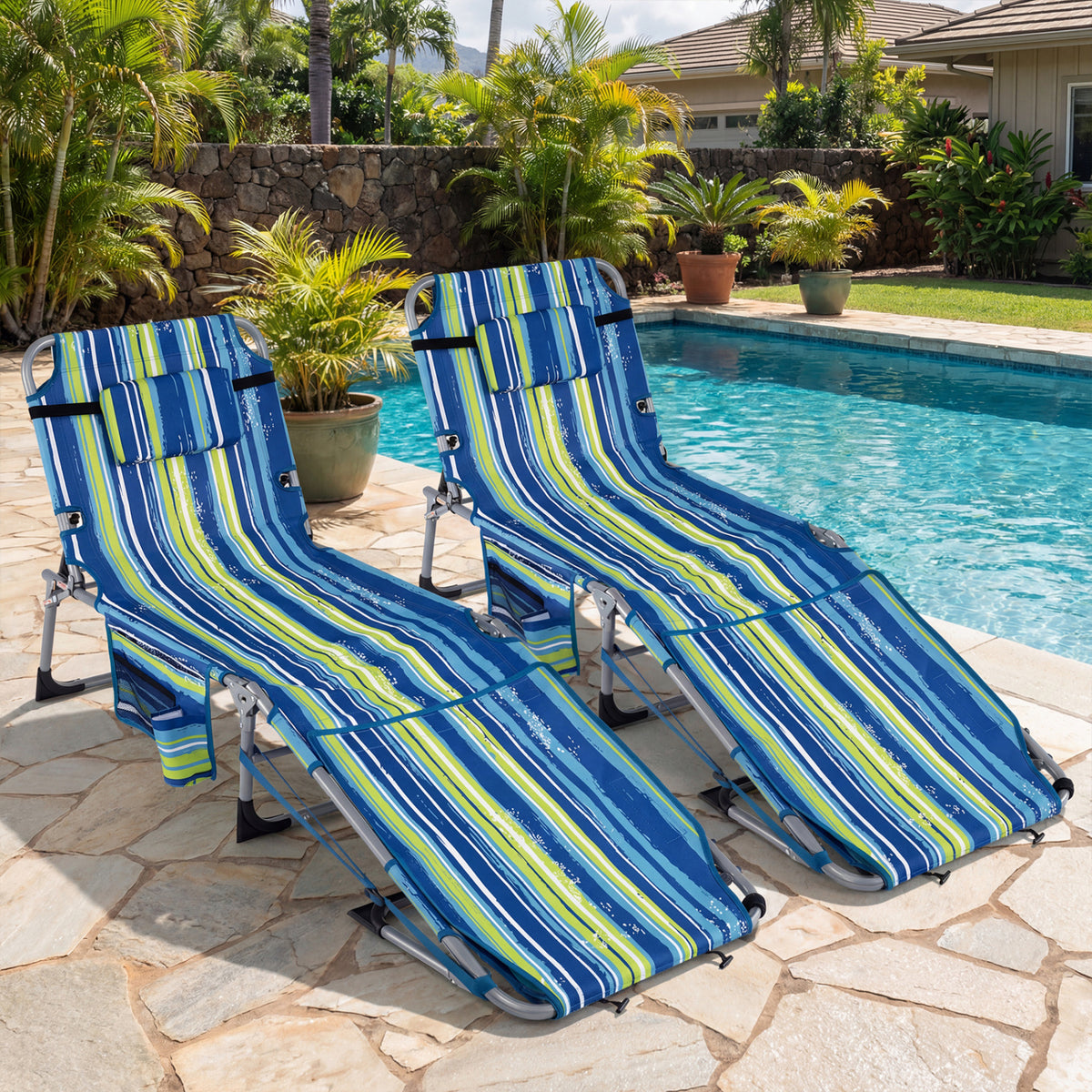 Tanning Chairs Set of 2 with Face Holes, 4-Level Backrest - Blue & Green