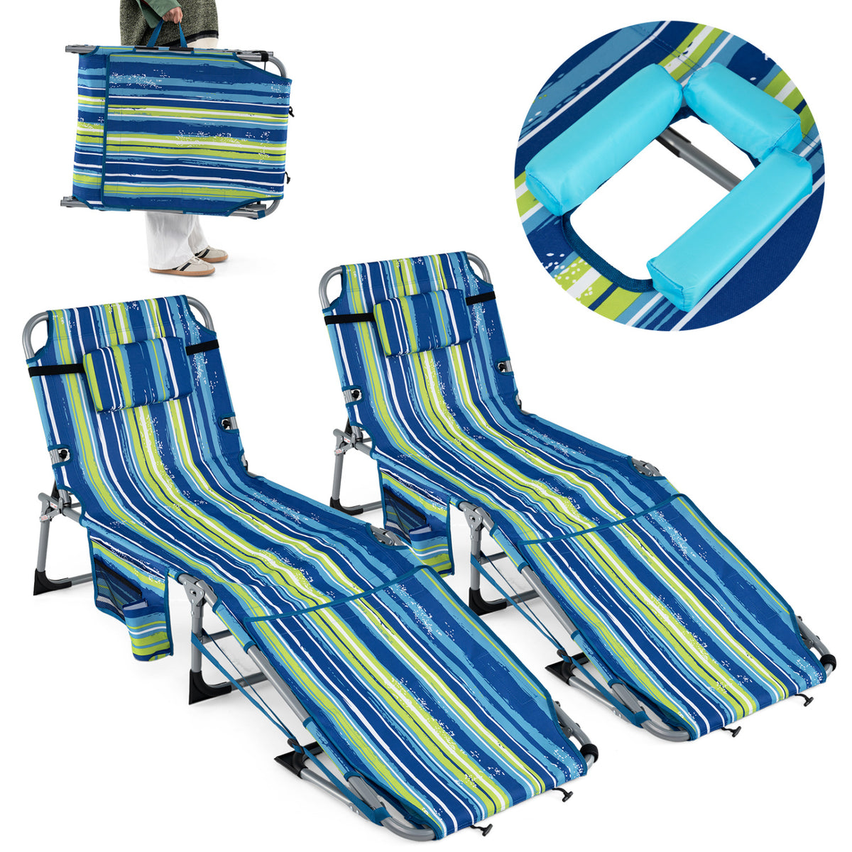 Tanning Chairs Set of 2 with Face Holes, 4-Level Backrest - Blue & Green