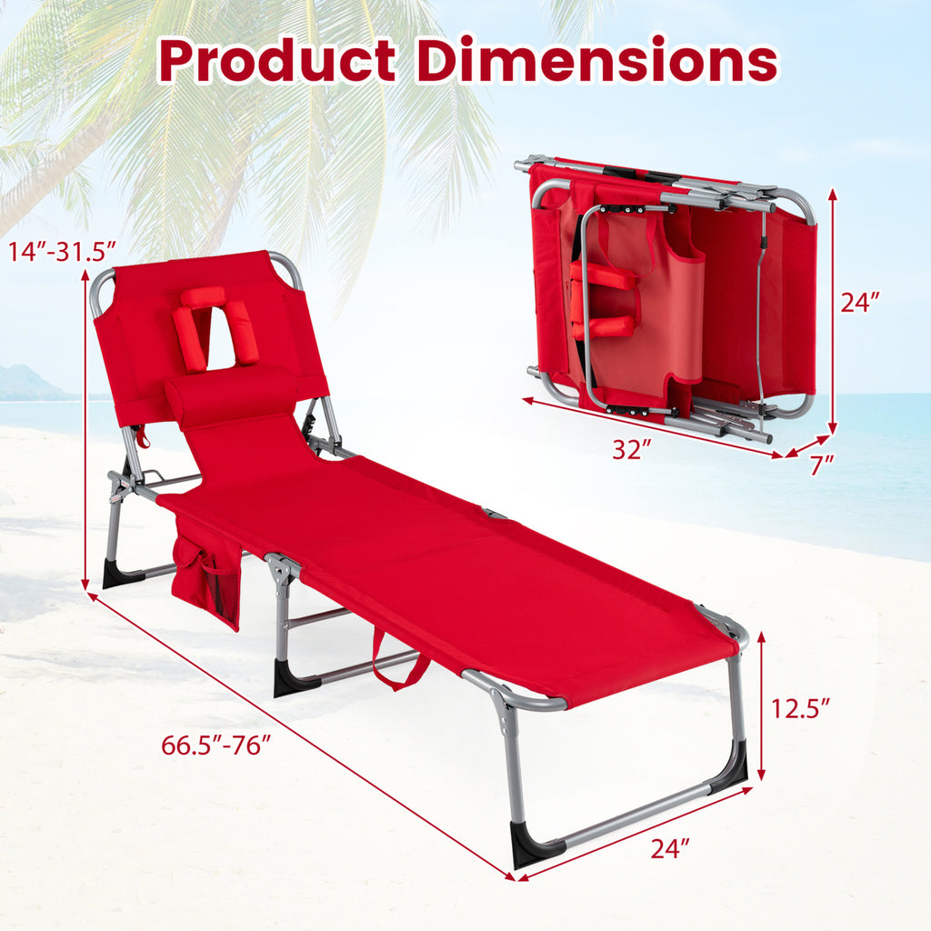 Folding Chaise Lounge Chair Set of 2, 4-Position Adjustable, Red