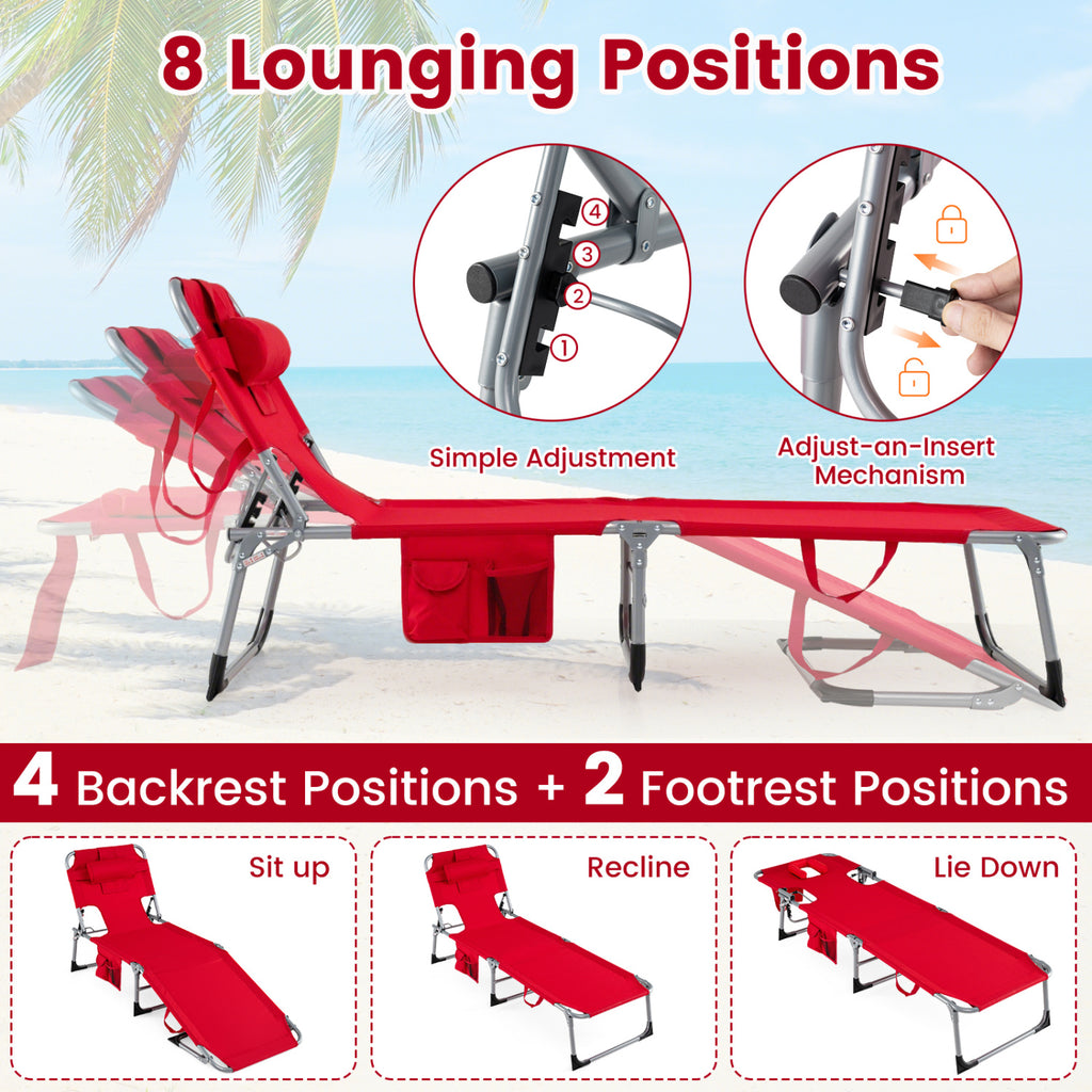 Folding Chaise Lounge Chair Set of 2, 4-Position Adjustable, Red