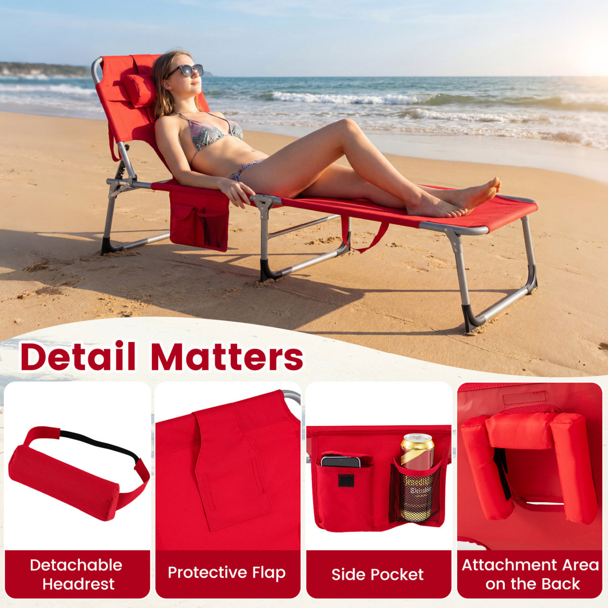Folding Chaise Lounge Chair Set of 2, 4-Position Adjustable, Red